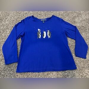 Karen Scott Penguin Embellished Graphic Long Sleeve Shirt Womans XL